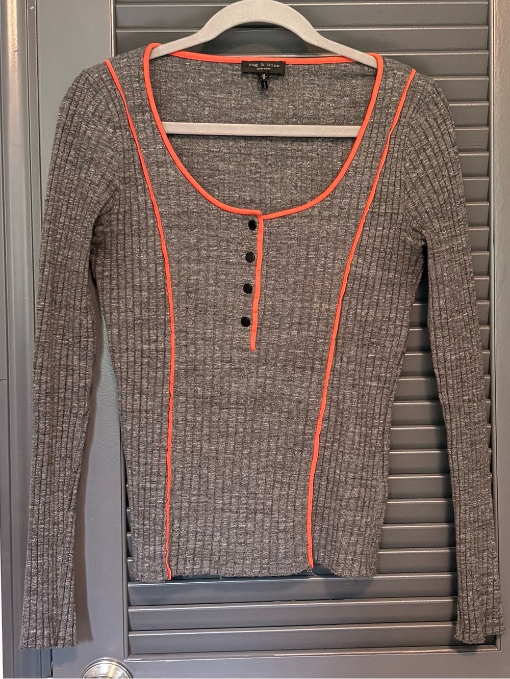 rag & bone Gray Ribbed Long-Sleeve Henley with Orange Trim